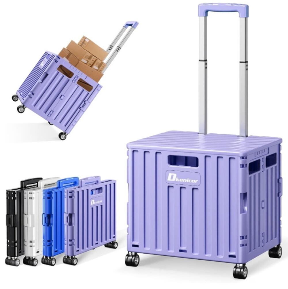Folding Utility Cart Rolling Collapsible Shopping Crate Purple